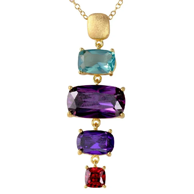 Gold and Matte Gold Plated 925 Sterling Silver 4 Dangling Multi Color CZ Necklace - BGP01186