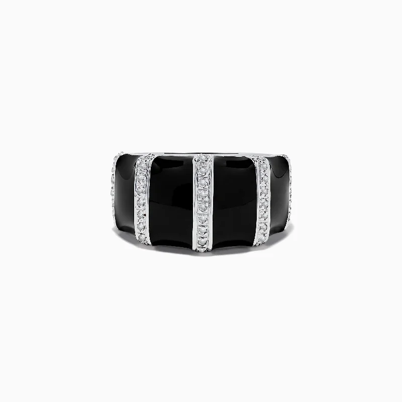 Sterling Silver Black Enamel and Diamond Ring