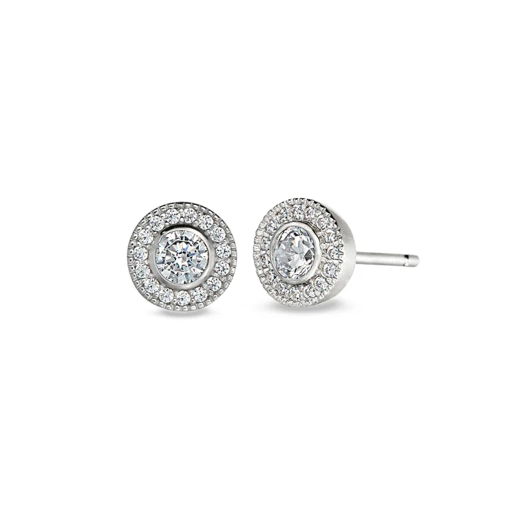 Platinum Finish Sterling Silver Micropave Round Simulated Diamond Earrings with Simulated Diamonds