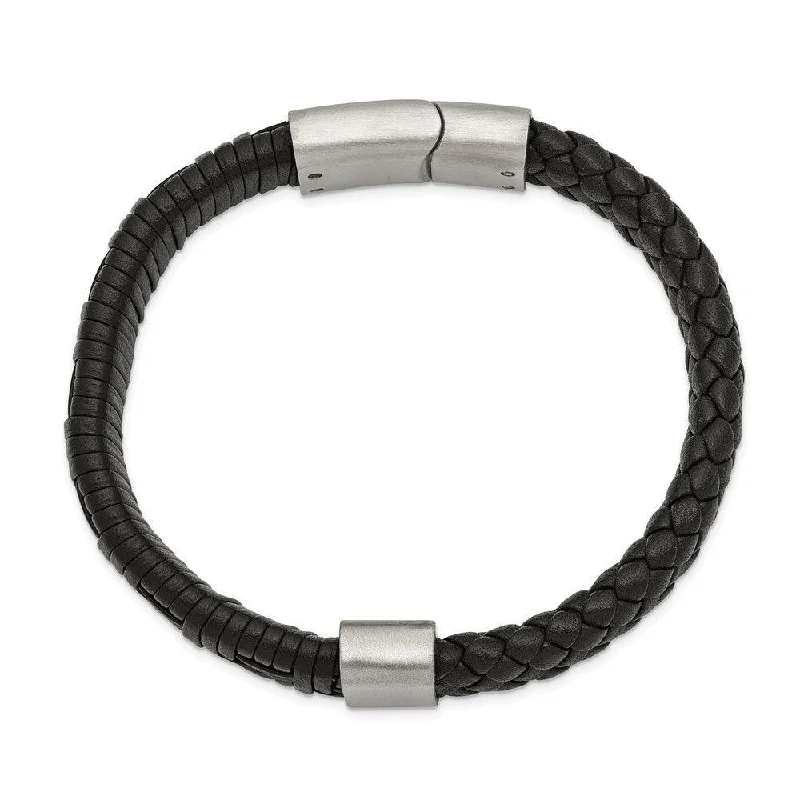 Stainless Steel Brushed Black Leather 8.25in Bracelet