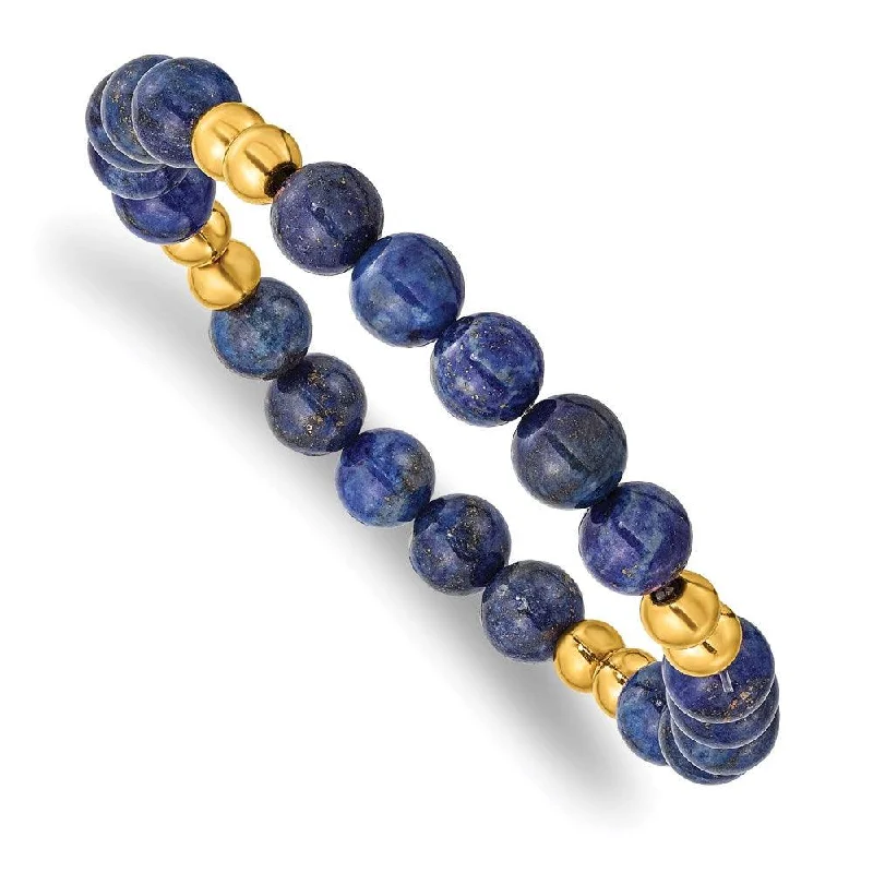 Stainless Steel Polished Yellow IP-plated w/Lapis Beaded Stretch Bracelet