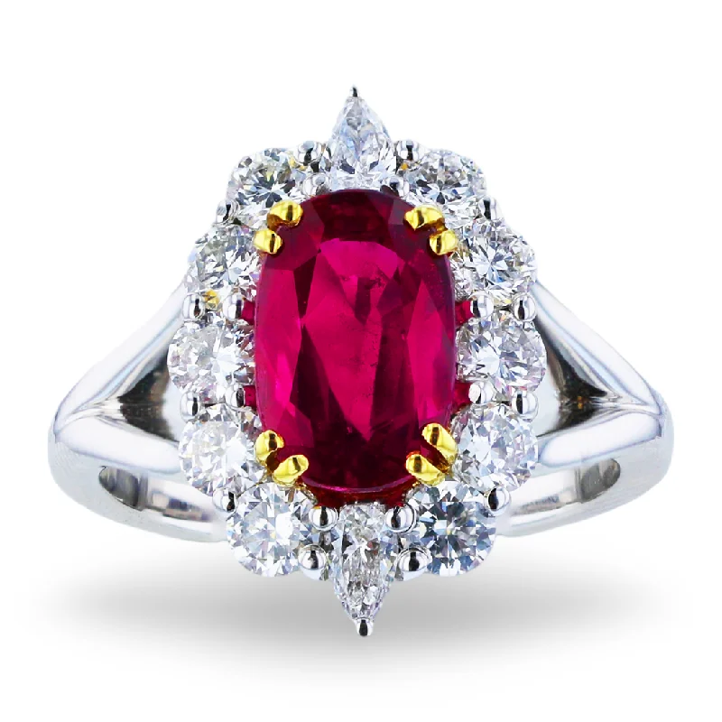 JULEVE 18K WHITE GOLD 2.77CT RUBY & 1.05CT DIAMOND HALO RING