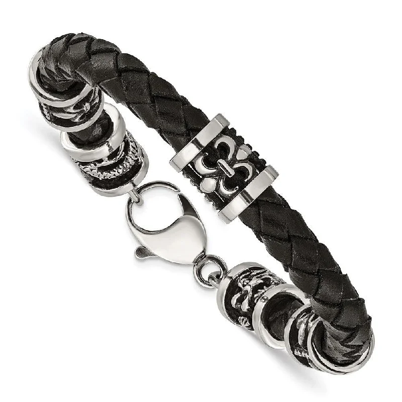 Stainless Steel Polished Antiqued Fleur De Lis/Dragon Blk Leather Bracelet