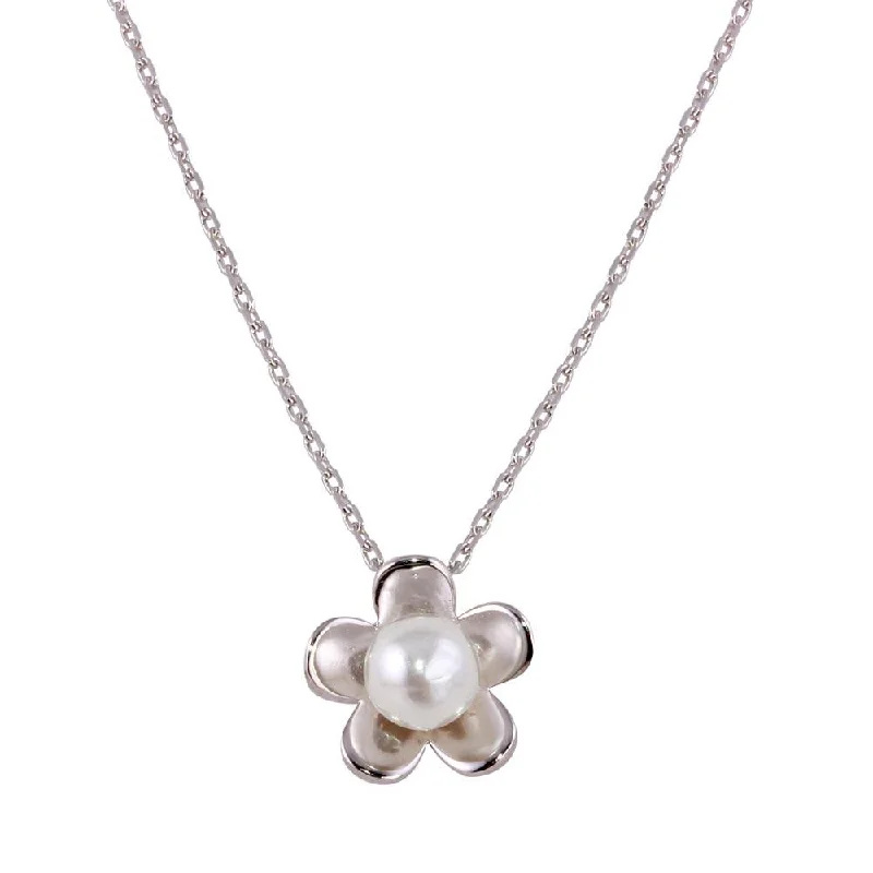 Rhodium Plated 925 Sterling Silver Pearl Flower Necklace - GMN00033