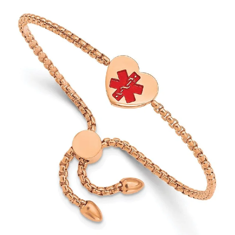 Stainless Steel Polished Rose IP/Red Enamel Heart Medical ID Adj. Bracelet