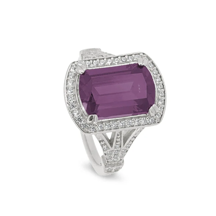 Platinum Finish Sterling Silver Micropave Emerald Cut Pink Stone Ring with Simulated Diamongs