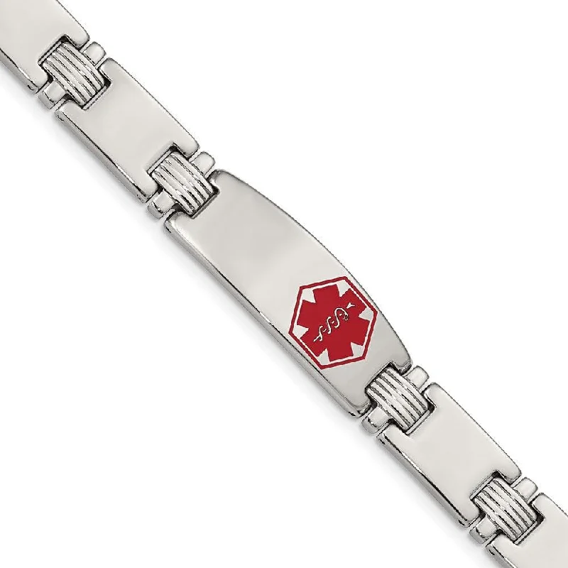 Stainless Steel Polished/Brushed Red Enamel 8.25in Medical Bracelet