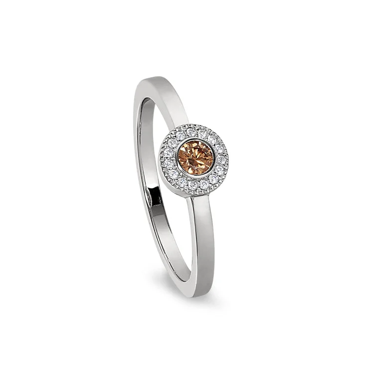 Platinum Finish Sterling Silver Micropave Round Simulated Citrine Ring with Simulated Diamonds Size 5