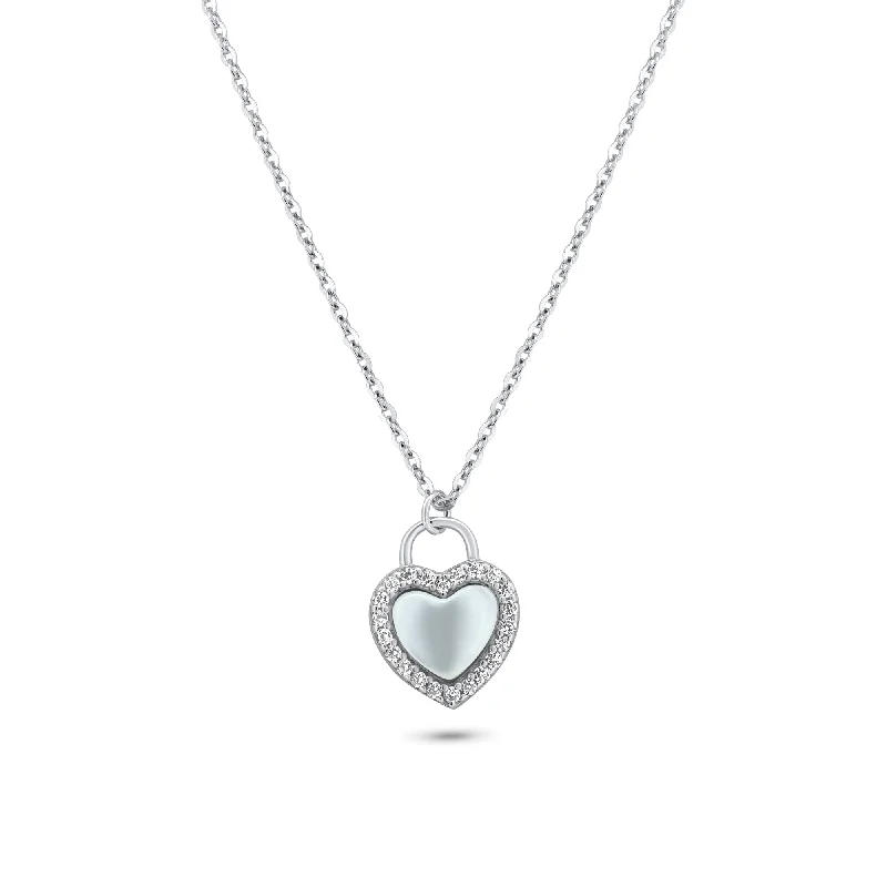 Rhodium Plated 925 Sterling Silver Heart CZ Mother of Pearl Necklace - GMN00203