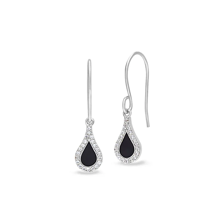 Platinum Finish Sterling Silver Micropave Black Enamel Teardrop Earrings with Simulated Diamonds