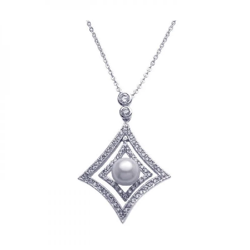 Clearance-Silver 925 Rhodium Plated Open Square CZ Center Pearl Necklace - BGP00254