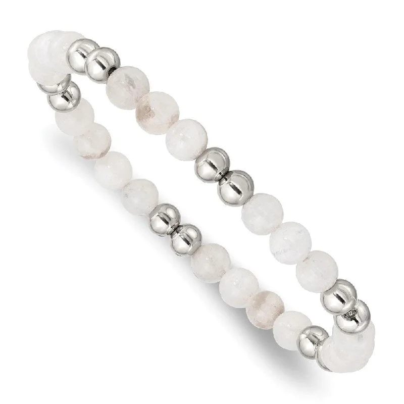 Stainless Steel Polished White Moonstone Beaded Stretch Bracelet