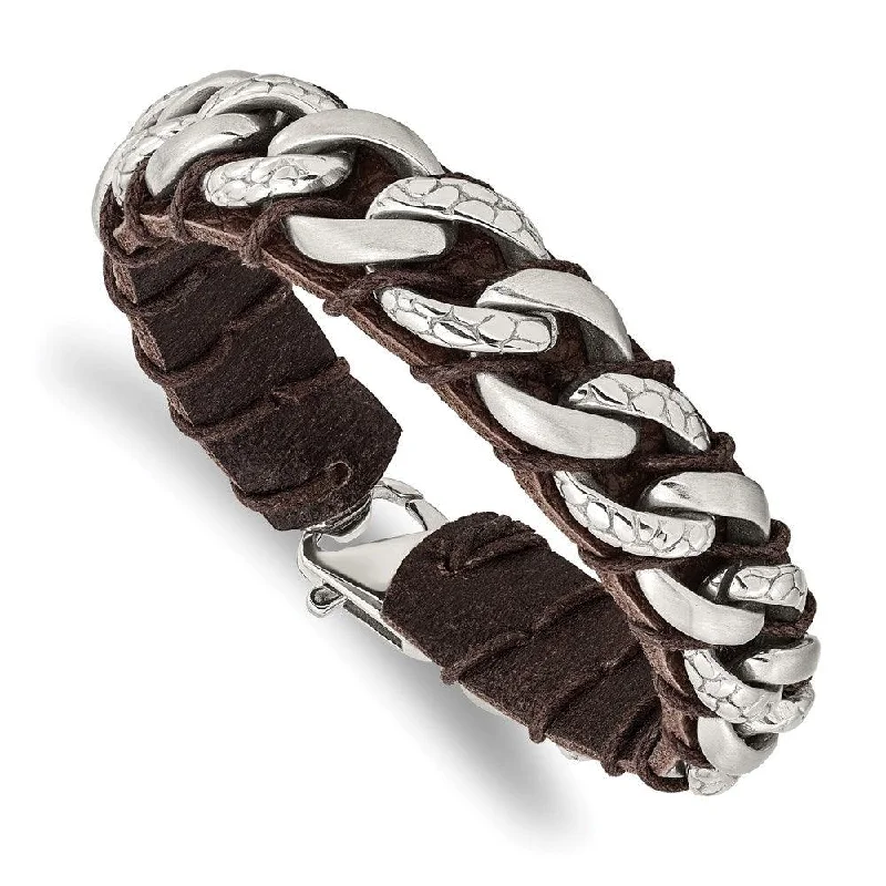 Stainless Steel Brushed Polished & Textured Brown Leather 8.5in Bracelet