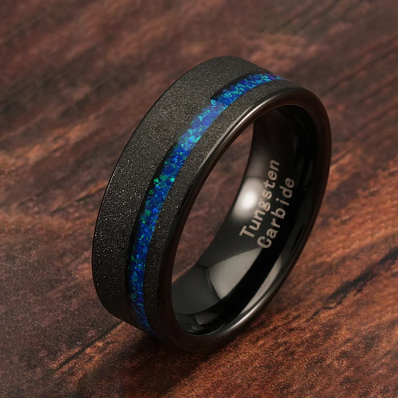 100S JEWELRY Engraved Personalized Tungsten Rings For Men Blue Opal Inlay Black Sandblast Wedding Engagement Promise Band Sizes 6-16