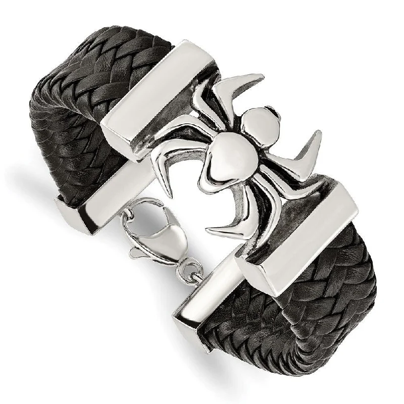 Stainless Steel Polished Antiqued Blk Leather Spider Bracelet