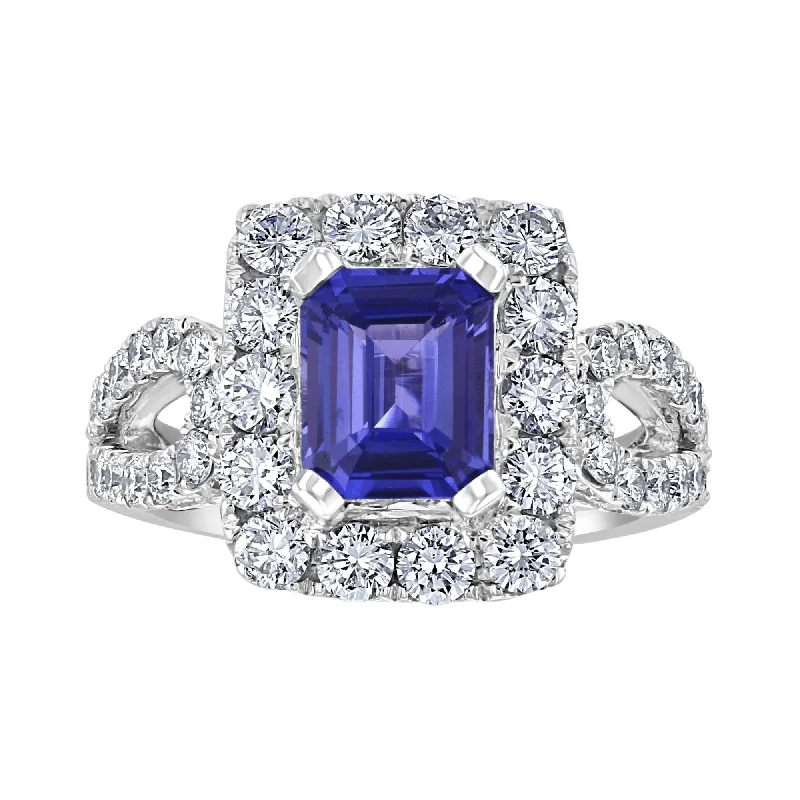 JULEVE 2.11 CT SAPPHIRE & 1.80 CTW DIAMOND EMERALD HALO RING