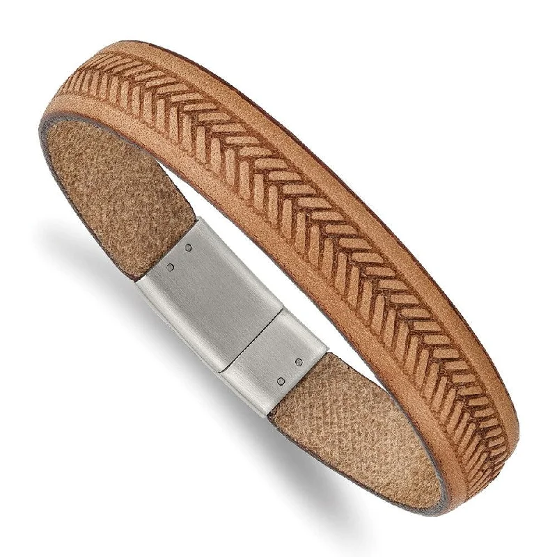 Stainless Steel Polished Tan Italian Leather 8.75in Bracelet