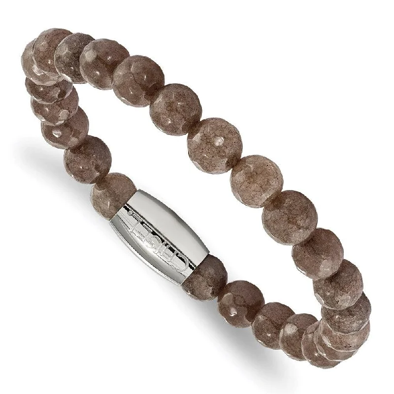 Stainless Steel Polished Brown Jade Bead Stretch Bracelet