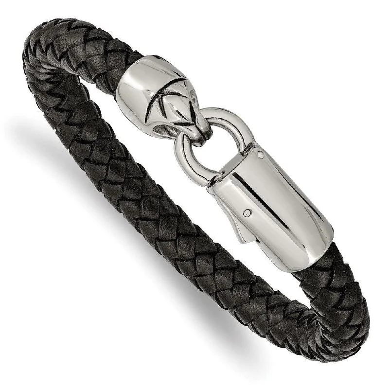 Stainless Steel Antiqued and Polished Black Leather 8.25in Bracelet