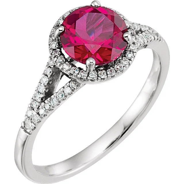 14KT WHITE GOLD 1.85 CT LAB CREATED RUBY & 1/6 CTW DIAMOND HALO RING