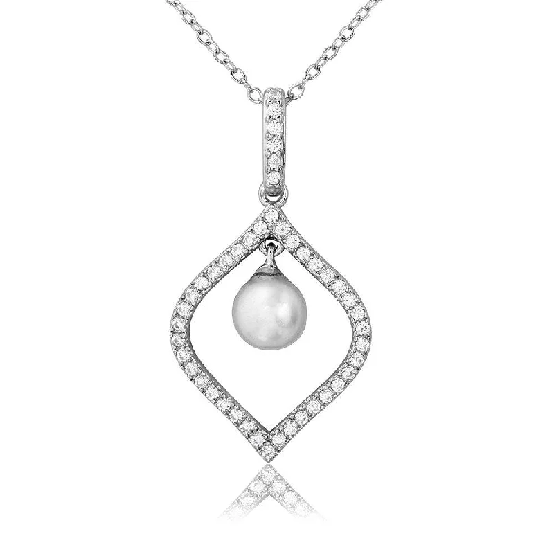 Silver 925 Rhodium Plated CZ Open Drop with Dangling Synthetic Pearl Necklace - BGP01099