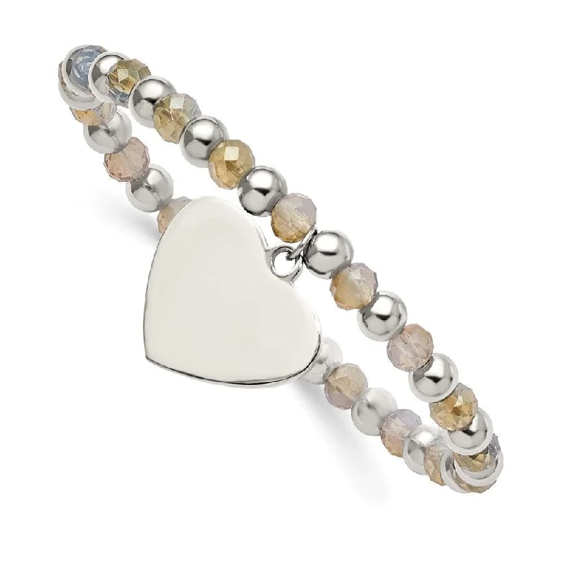 Stainless Steel Polished with Glass Beads Heart Dangle Stretch Bracelet