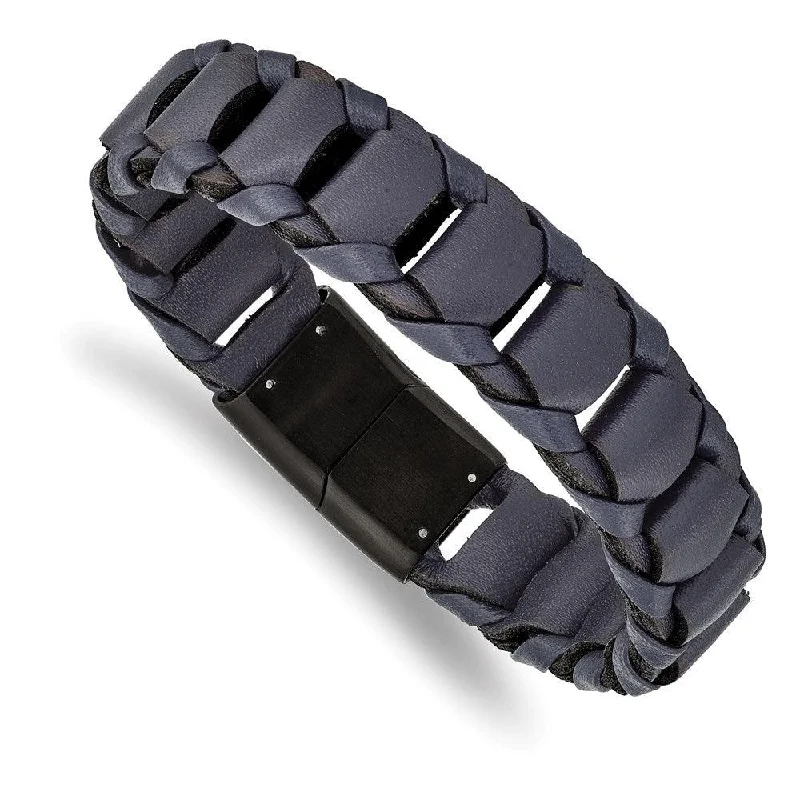 Stainless Steel Brushed Black IP-plated Blue Leather 8.5in Bracelet