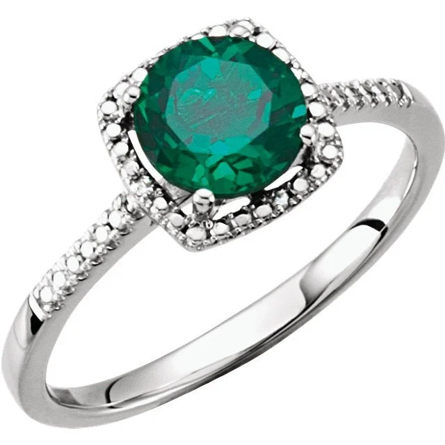 STERLING SILVER 1.25 CT CREATED EMERALD & .01 CTW DIAMOND HALO RING