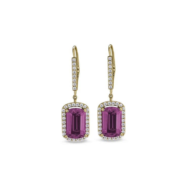 Gold Finish Sterling Silver Micropave Emerald Cut Pink Stone Earrings with Simulated Diamongs