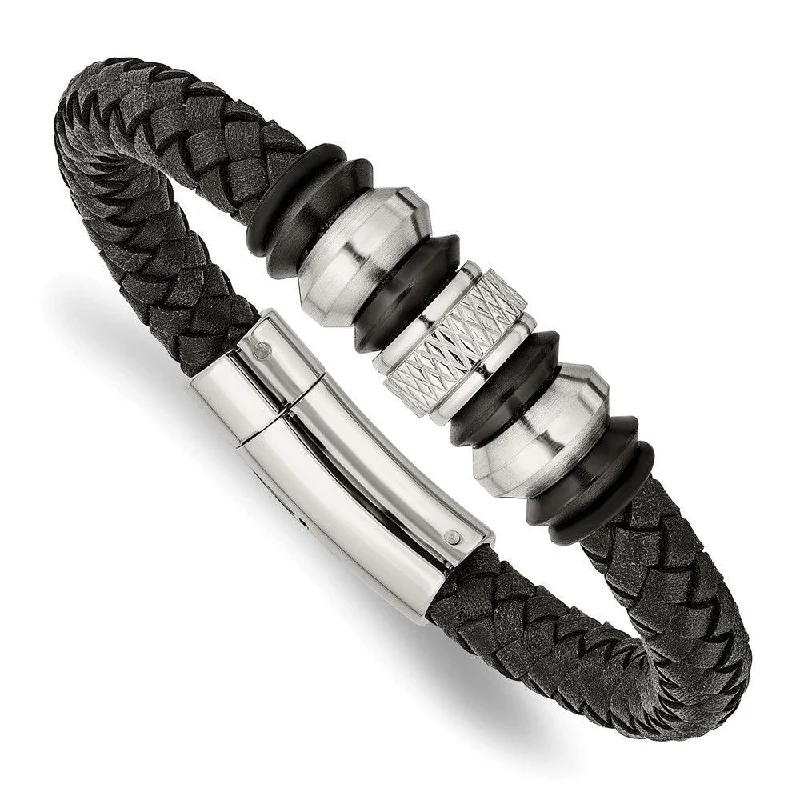 Stainless Steel Brushed/Polished Blk Leather Blk IP Blk Rubber Bracelet