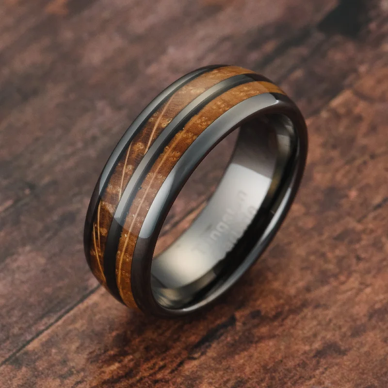 Gunmetal Gray Tungsten Rings For Men whiskey barrel Wood grain Inlay wooden Wedding Promise Engagement Band Size 6-16