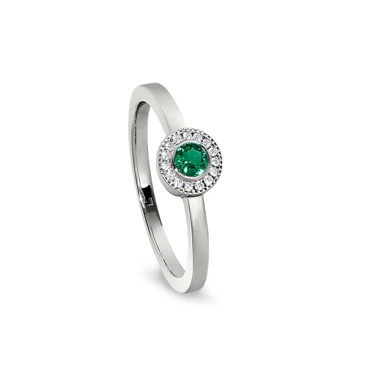 Platinum Finish Sterling Silver Micropave Round Simulated Emerald Ring with Simulated Diamonds Size 6