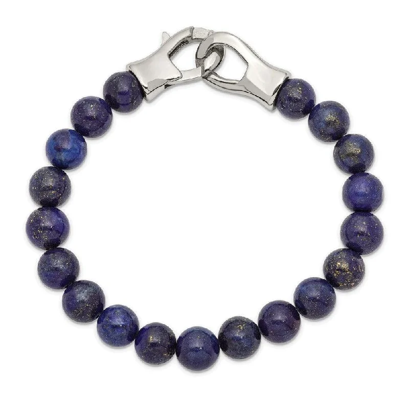 Stainless Steel Polished Genuine Lapis Beads 9in Bracelet