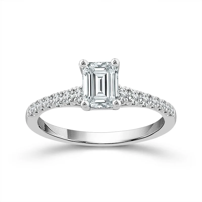 0.88 Ctw Emerald Cut Lab Grown Diamond Engagement Ring in 14 Karat White Gold