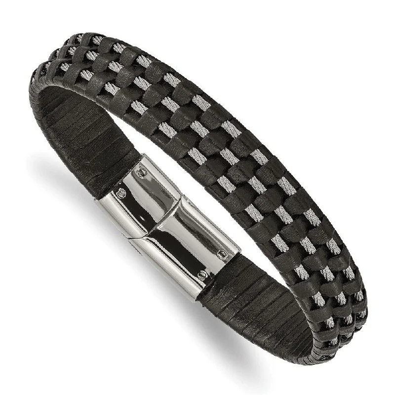 Stainless Steel Polished Black Leather and Wire 8.5in Bracelet