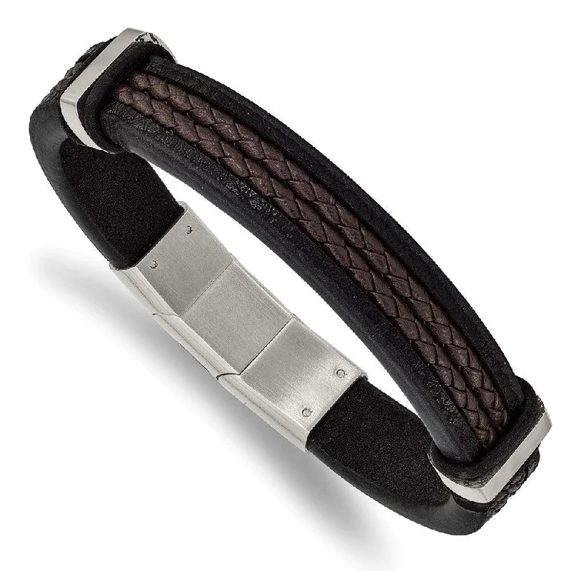 Stainless Steel Polished Black/Brown Braided Leather w/.5in ext. Bracelet