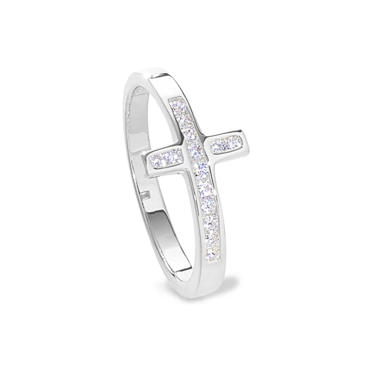 Platinum Finish Sterling Silver Micropave Cross Ring with Simulated Diamonds - size 9