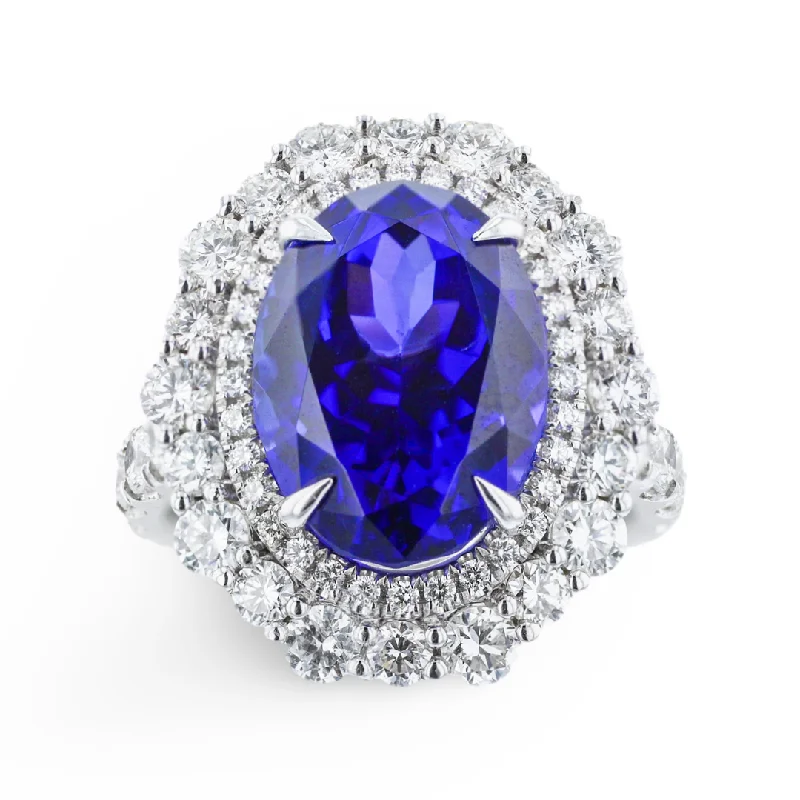 JULEVE 18KT WHITE GOLD 8.79CT TANZANITE & 2.15 CTW DIAMOND HALO RING