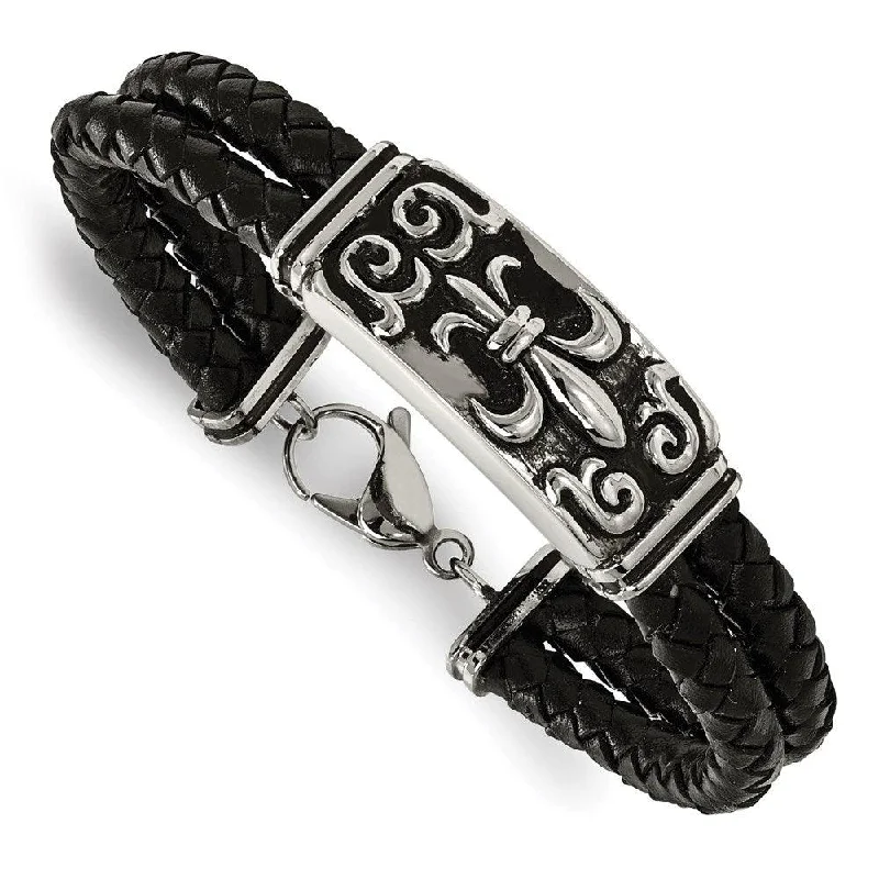 Stainless Steel Polished Antiqued Fleur De Lis Black Leather Bracelet