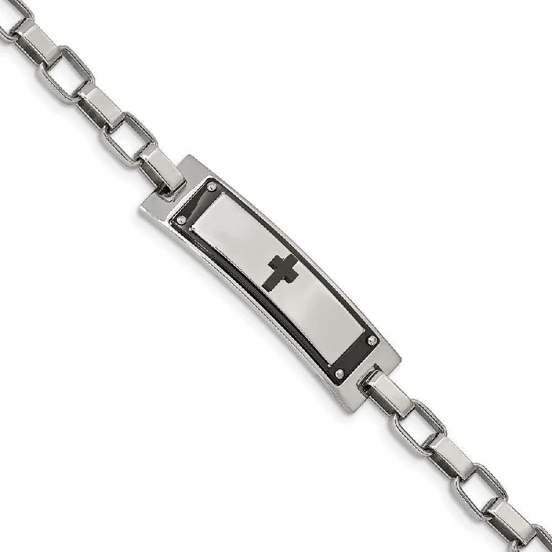 Stainless Steel Polished Black IP-plated Cross 8.5in Link Bracelet