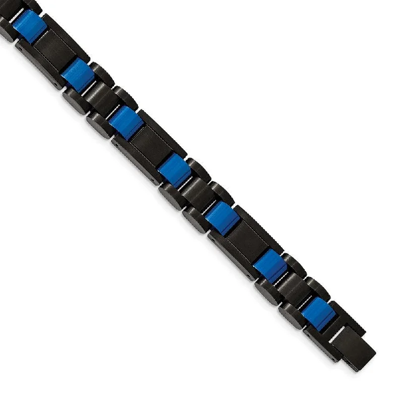 Stainless Steel Brushed & Polished Black & Blue IP-plated 8.75in Bracelet