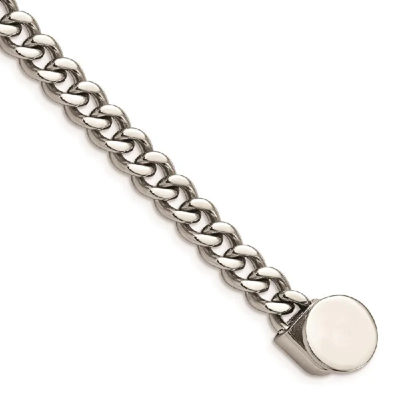 Stainless Steel Polished Curb Chain w/Black Leather Hook 8.25in Bracelet