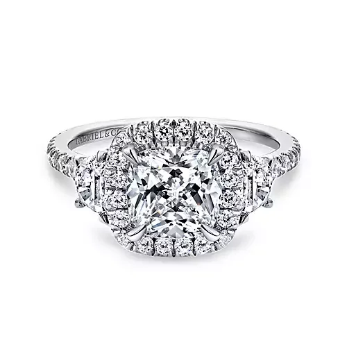 Mia - 14K White Gold Cushion Three Stone Halo Diamond Engagement Ring