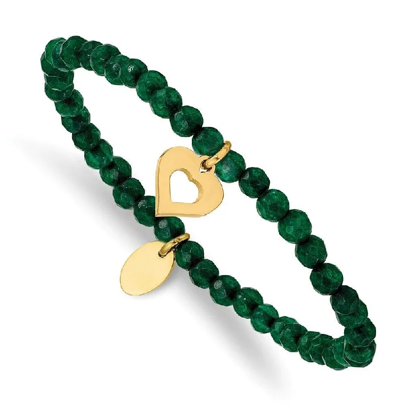 Stainless Steel Polished Heart Yellow IP Green Jade Stretch Bracelet