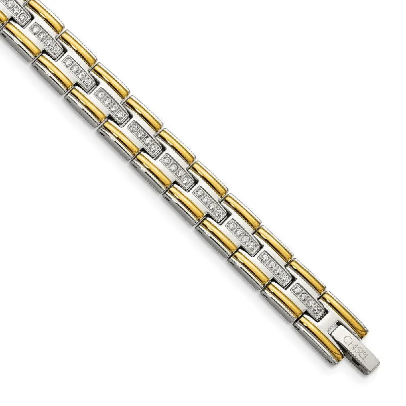 Stainless Steel Polished Yellow IP CZ 8.50in Link Bracelet