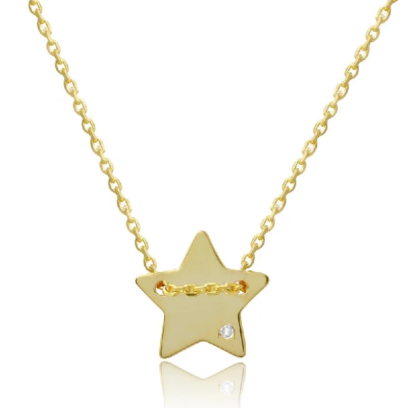 Gold Plated 925 Sterling Silver Engravable Star Shaped Necklace with CZ - DIN00079GP