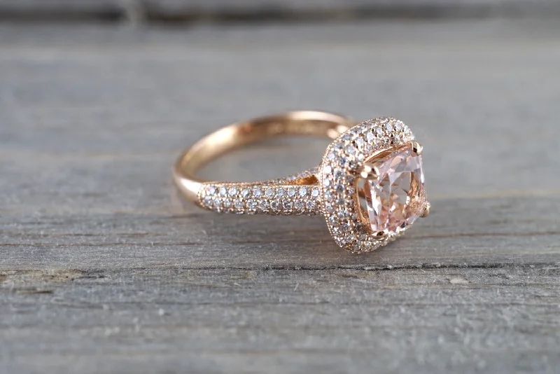 6.5mm Morganite 18k Rose Gold Pave Halo Cushion Diamond Engagement Ring Vintage