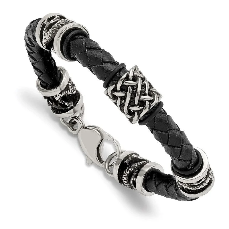 Stainless Steel Polished Antiqued Dragon Black Braided Leather Bracelet