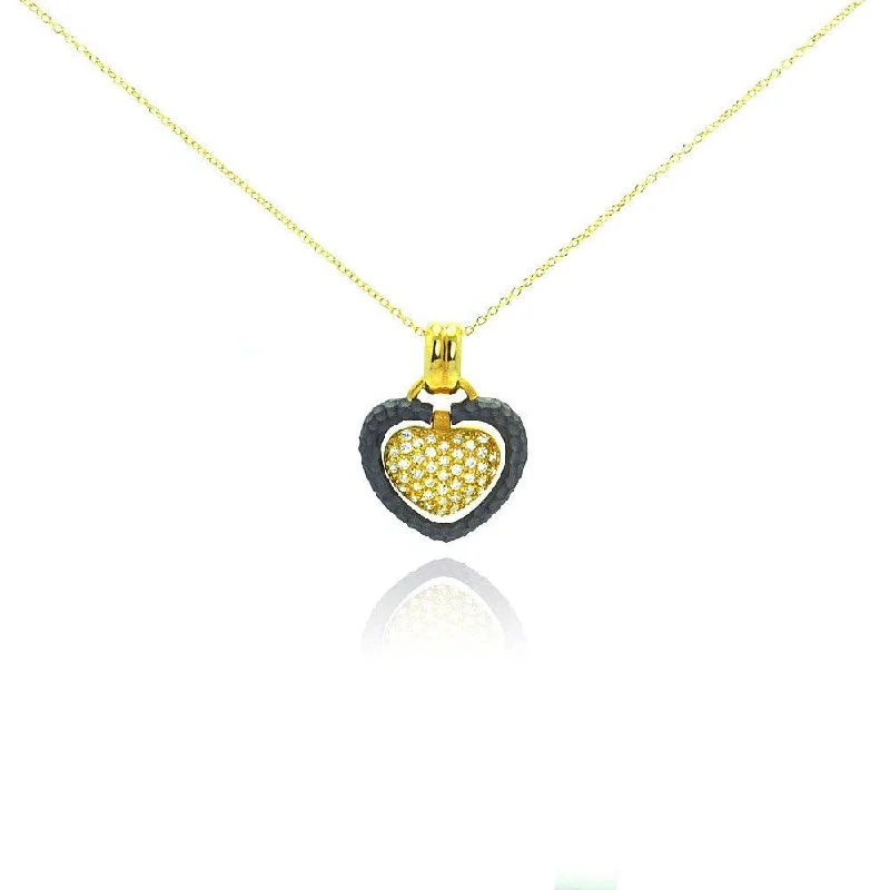 Clearance-Silver 925 Gold Plated and Matte Black Rhodium Finish Clear CZ Heart Pendant Necklace - STP00989