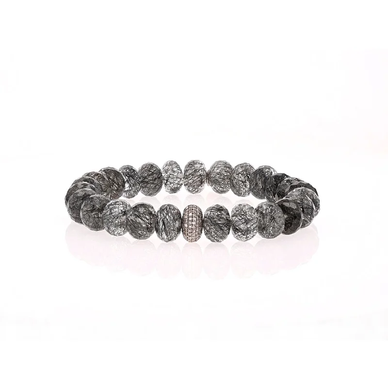 Black Tourmalinated Quartz Beaded Bracelet with Diamond Donut - 10mm